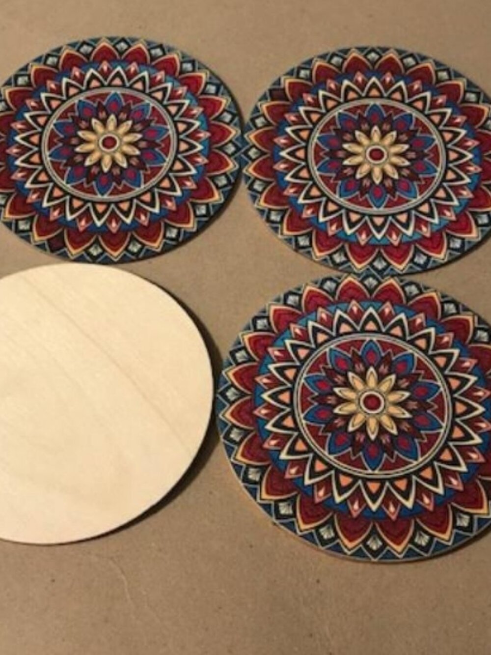 Wooden 4 pc Stained Glass Mandala Coaster Set Lotus Geometric Pattern India 104